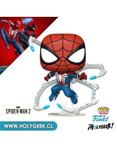 Funko Pop! de Peter Parker con el Traje Avanzado 2.0 del videojuego Spider-Man 2. El traje es rojo, azul, blanco y negro.