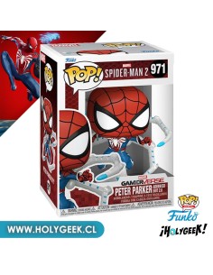 Funko Pop! de Peter Parker con el Traje Avanzado 2.0 del videojuego Spider-Man 2. El traje es rojo, azul, blanco y negro. 2