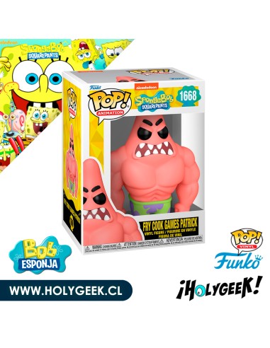 Patricio está parado con una pose fuerte, mostrando sus brazos musculosos  color rosa y tiene detalles en blanco y negro.