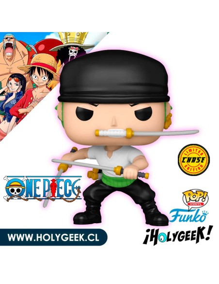 Funko Pop! de Roronoa Zoro de One Piece, sosteniendo sus tres espadas. Esta es la rara versión CHASE