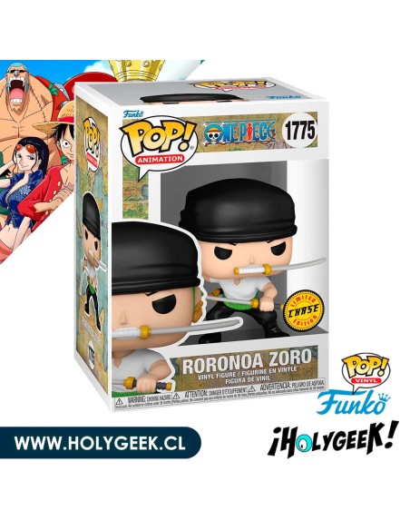 Funko Pop! de Roronoa Zoro de One Piece, sosteniendo sus tres espadas. Esta es la rara versión CHASE