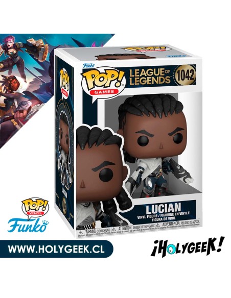 Funko Pop! de Lucian de League of Legends, sosteniendo sus pistolas reliquia. Lucian lleva su atuendo característico.