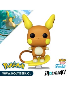 Funko Pop! de Alolan Raichu, con su tabla de surf eléctrica en la cola.  de color marrón, amarillo y blanco.