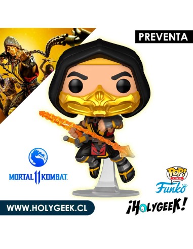 Scorpion de Mortal Kombat 11, realizando su Fatality con su lanza llameante.