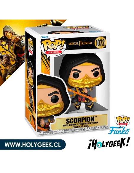 Scorpion de Mortal Kombat 11, realizando su Fatality con su lanza llameante.