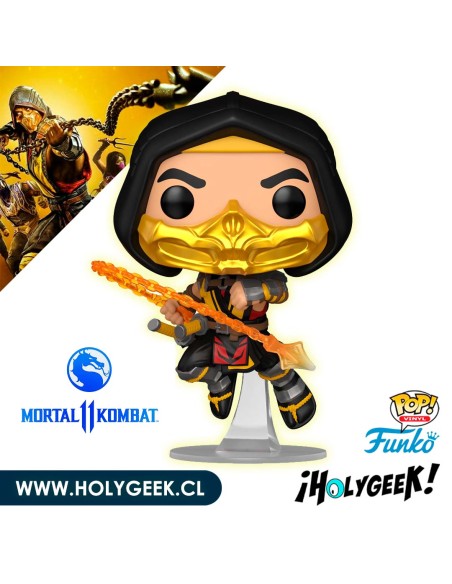 Scorpion de Mortal Kombat 11, realizando su Fatality con su lanza llameante.