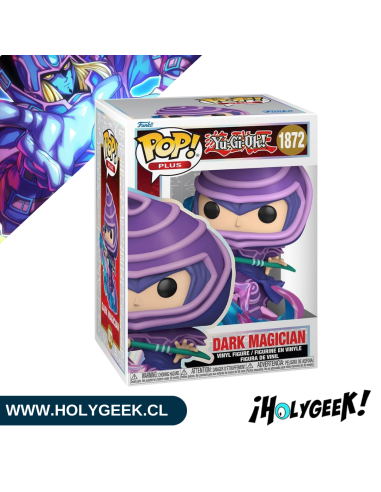 Funko Pop! del Mago Oscuro de Yu-Gi-Oh! en una pose de ataque, con su bastón y vestimenta