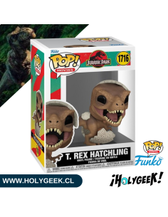 Funko Pop! de un bebé Tiranosaurio Rex saliendo de su huevo. El dinosaurio es de color verde y marrón. 2
