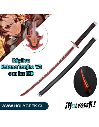 katana ornamental con luz LED interna, tiene una hoja de acero al carbono, guarda de metal, empuñadura y vaina de madera.