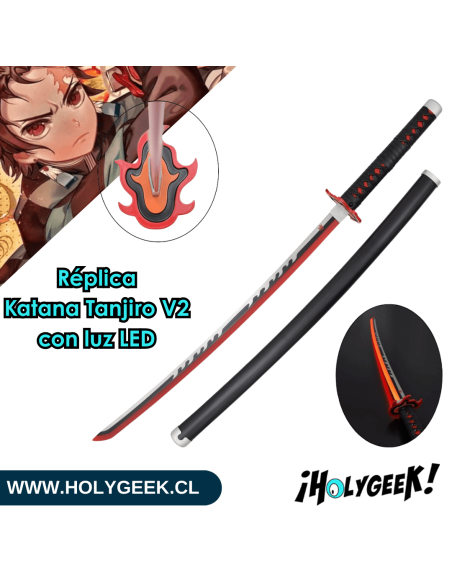 katana ornamental con luz LED interna, tiene una hoja de acero al carbono, guarda de metal, empuñadura y vaina de madera.