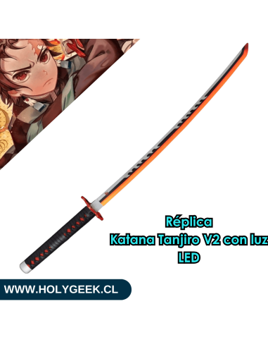 katana ornamental con luz LED interna, tiene una hoja de acero al carbono, guarda de metal, empuñadura y vaina de madera.