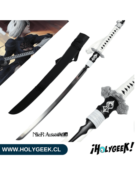 katana Contrato Virtuoso del videojuego NieR: Automata, con hoja de acero, empuñadura de madera, guarda de metal