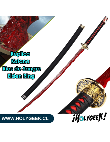 katana Río de Sangre del videojuego Elden Ring. Se aprecia la hoja de acero, la tsuba de metal y la saya