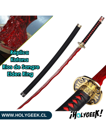 katana Río de Sangre del videojuego Elden Ring. Se aprecia la hoja de acero, la tsuba de metal y la saya