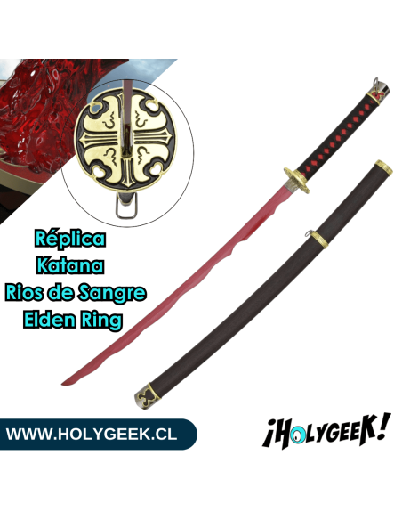 katana Río de Sangre del videojuego Elden Ring. Se aprecia la hoja de acero, la tsuba de metal y la saya