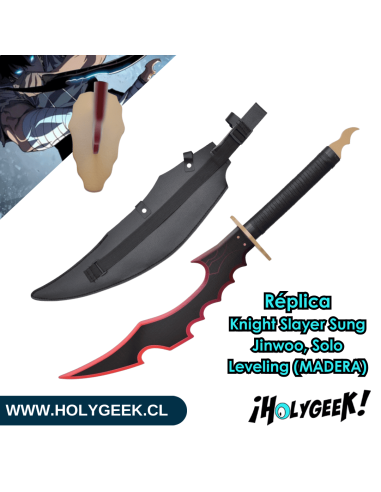 Una réplica de la daga Knight Slayer de Sung Jinwoo de Solo Leveling, hecha de madera con detalles en polipiel.