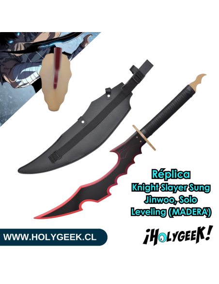 Una réplica de la daga Knight Slayer de Sung Jinwoo de Solo Leveling, hecha de madera con detalles en polipiel.