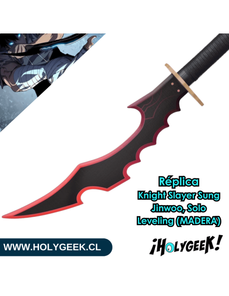 Una réplica de la daga Knight Slayer de Sung Jinwoo de Solo Leveling, hecha de madera con detalles en polipiel.