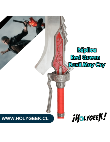 réplica de la espada Red Queen de Nero de la serie Devil May Cry,  hoja de acero y pomo de metal, soporte de madera.