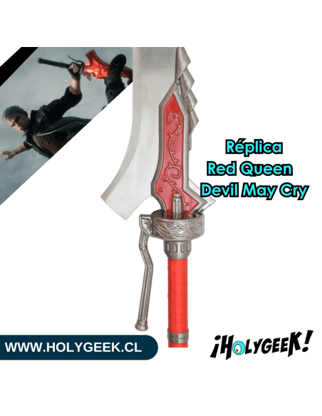 réplica de la espada Red Queen de Nero de la serie Devil May Cry,  hoja de acero y pomo de metal, soporte de madera.