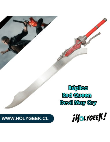 réplica de la espada Red Queen de Nero de la serie Devil May Cry,  hoja de acero y pomo de metal, soporte de madera.