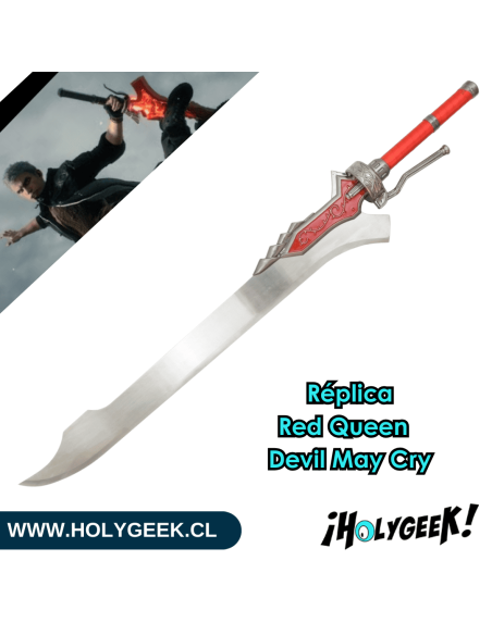 réplica de la espada Red Queen de Nero de la serie Devil May Cry,  hoja de acero y pomo de metal, soporte de madera.