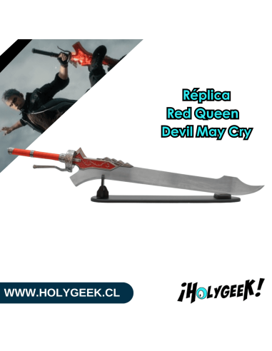 réplica de la espada Red Queen de Nero de la serie Devil May Cry,  hoja de acero y pomo de metal, soporte de madera.