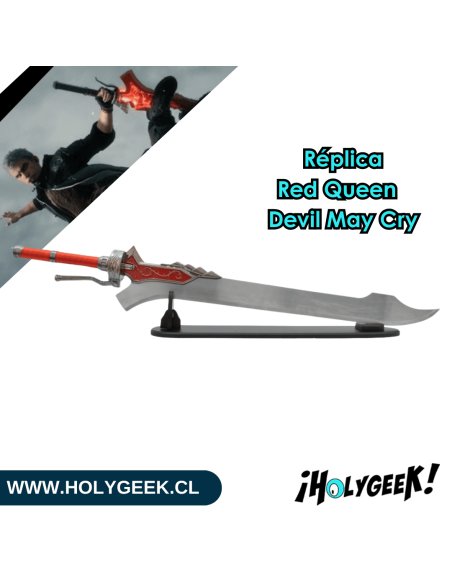 réplica de la espada Red Queen de Nero de la serie Devil May Cry,  hoja de acero y pomo de metal, soporte de madera.