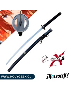 réplica de la espada Samurai X, con hoja de acero al carbono, empuñadura y accesorios de aleación de zinc.