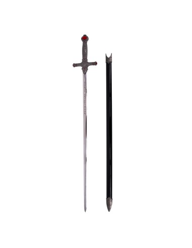 espada de Godric Gryffindor de Harry Potter, con una hoja metálica, empuñadura decorada con gemas y detalles de león.