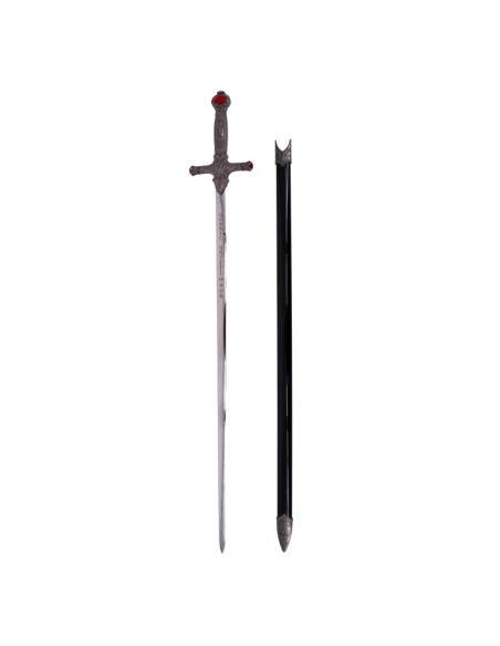 espada de Godric Gryffindor de Harry Potter, con una hoja metálica, empuñadura decorada con gemas y detalles de león.