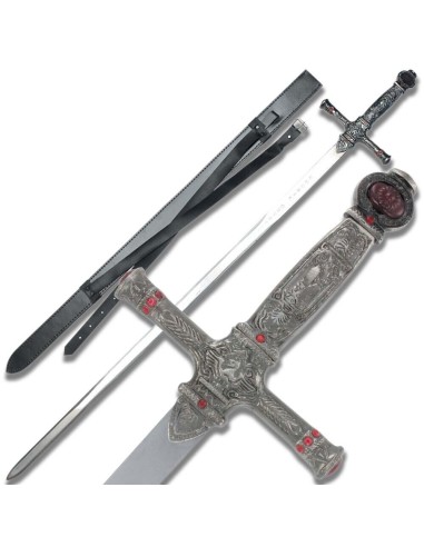 espada de Godric Gryffindor de Harry Potter, con una hoja metálica, empuñadura decorada con gemas y detalles de león.