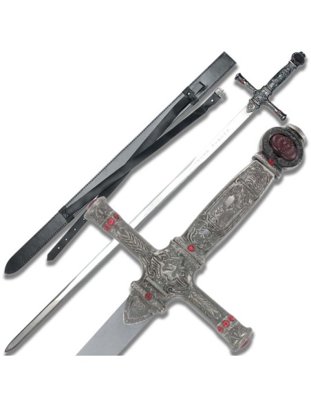 espada de Godric Gryffindor de Harry Potter, con una hoja metálica, empuñadura decorada con gemas y detalles de león.