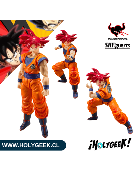 Super Saiyan God Son Goku de Dragon Ball, en pose de combate.