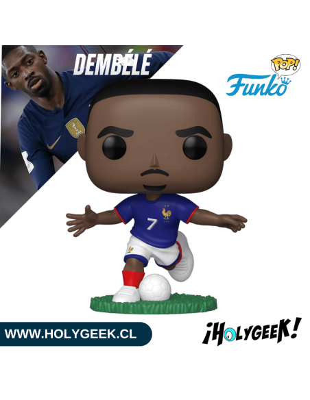 figura de vinilo de Ousmane Dembélé mostrando los detalles del rostro, el uniforme de Les Bleus y el balón de fútbol.