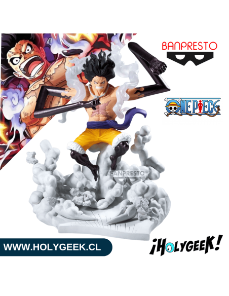 Figura coleccionable Banpresto Senkozekkei de Monkey D. Luffy Gear 4 flotando sobre nube de humo en pose de ataque