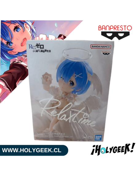 Caja oficial de Banpresto Re:ZERO Relax Time Rem Sweet Angel Ver. junto a la figura en las estanterías de HolyGeek