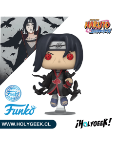 Detalle de la figura coleccionable Funko Pop Itachi Uchiha con cuervos y capa de Akatsuki