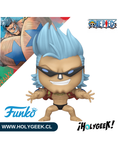 Franky mostrando los detalles de su diseño cibernético, postura y vestimenta característica