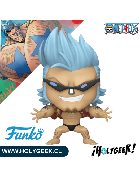 Franky mostrando los detalles de su diseño cibernético, postura y vestimenta característica