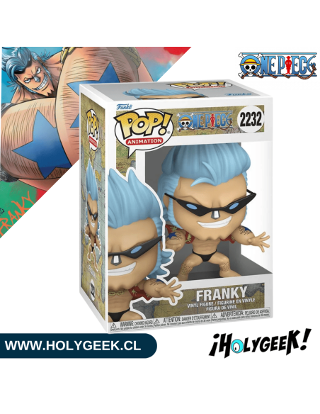 Vista lateral y posterior del empaque tipo Display oficial de Funko Pop! One Piece Franky #2232.