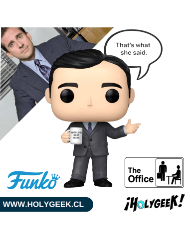 Michael Scott mostrando los detalles de su diseño y vestimenta corporativa.