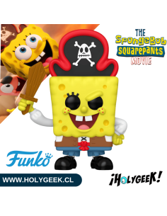 Bob Esponja mostrando los detalles de su traje de pirata, el parche y su expresión alegre.