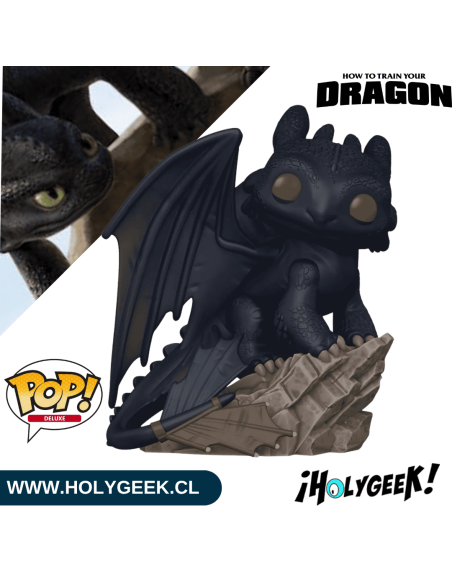 Toothless mostrando los detalles de sus escamas, alas desplegadas y la textura de la roca.