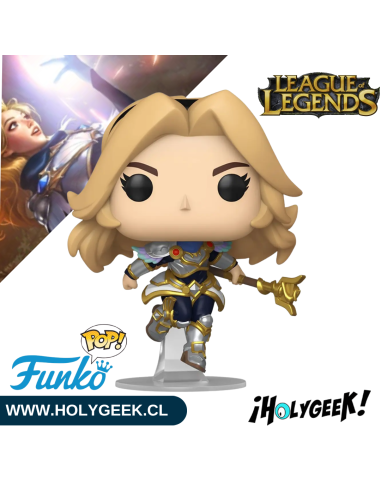 Lux mostrando los detalles de su armadura, su cabello rubio y los acabados del báculo mágico