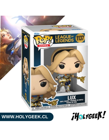 Vista lateral y posterior del empaque tipo Display oficial de Funko Pop! League of Legends Lux #1137