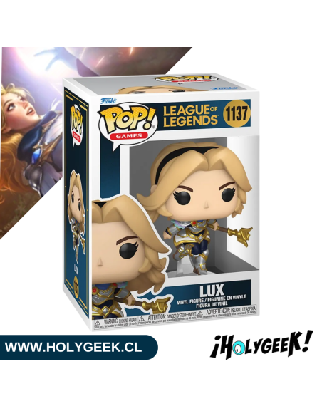 Vista lateral y posterior del empaque tipo Display oficial de Funko Pop! League of Legends Lux #1137