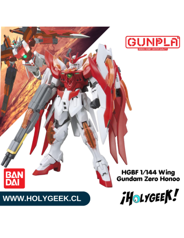 Model Kit Gunpla HGBF 1/144 Wing Gundam Zero Honoo de Bandai con ilustraciones dinámicas en tonos rojos y naranjas.
