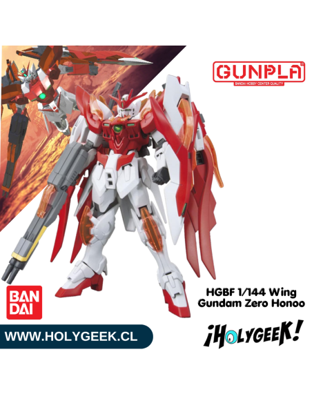 Model Kit Gunpla HGBF 1/144 Wing Gundam Zero Honoo de Bandai con ilustraciones dinámicas en tonos rojos y naranjas.