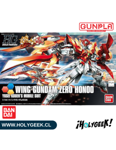 Model Kit Gunpla HGBF 1/144 Wing Gundam Zero Honoo de Bandai con ilustraciones dinámicas en tonos rojos y naranjas. 2